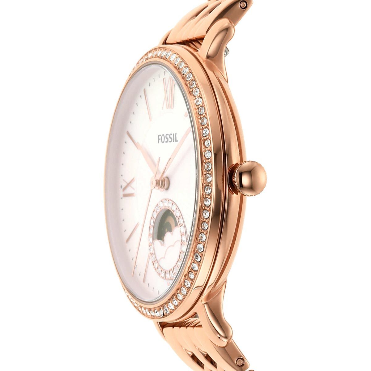 Fossil Jacqueline Analog Moonphase Mother of Pearl White Dial Rose Gold Steel Strap Watch for Women - ES5165