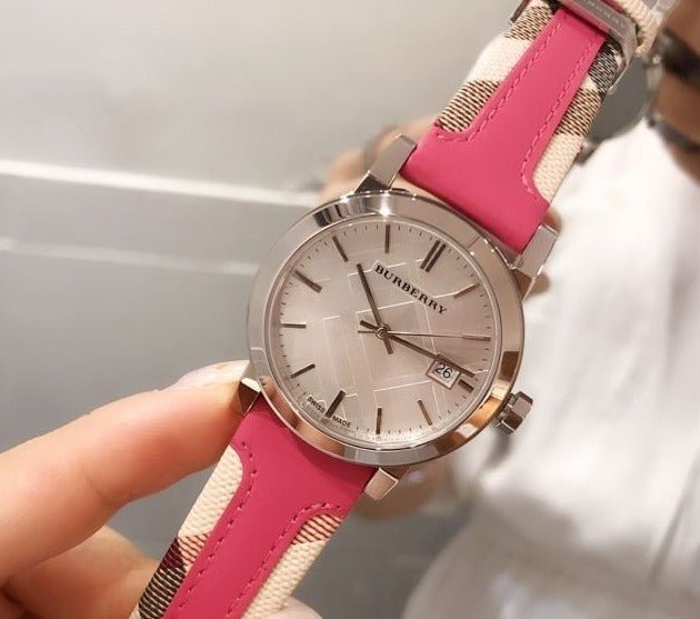 Burberry The City White Dial Haymarket Pink Leather Strap Watch for Women - BU9149