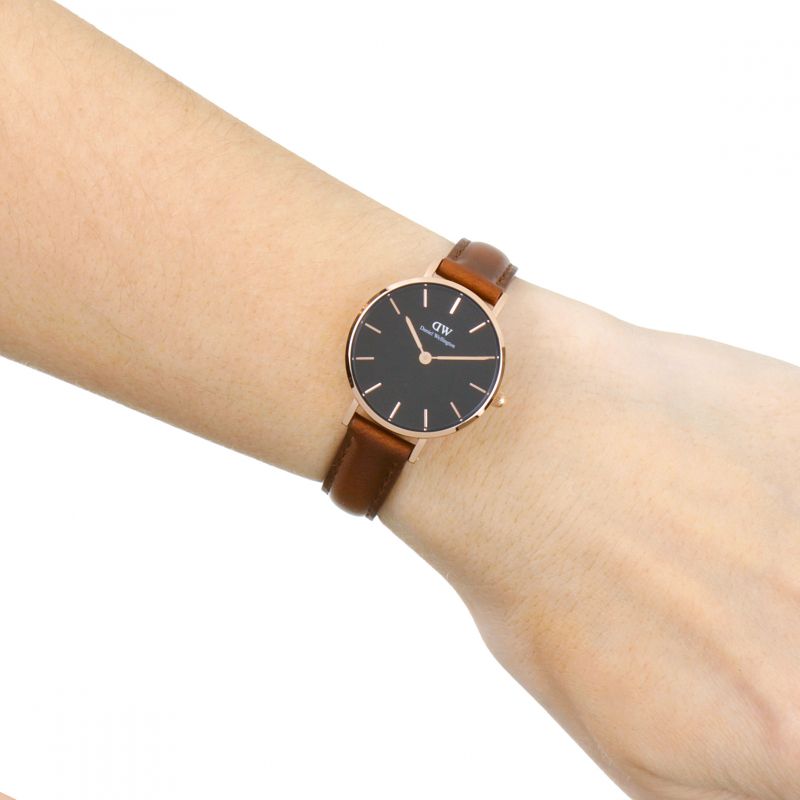 Daniel Wellington Classic Petite St Mawes Black Dial Brown Leather Strap Watch For Women - DW00100225
