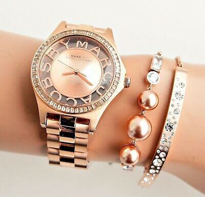 Marc Jacobs Henry Transparent Rose Gold Dial Rose Gold Steel Strap Watch for Women - MBM3339