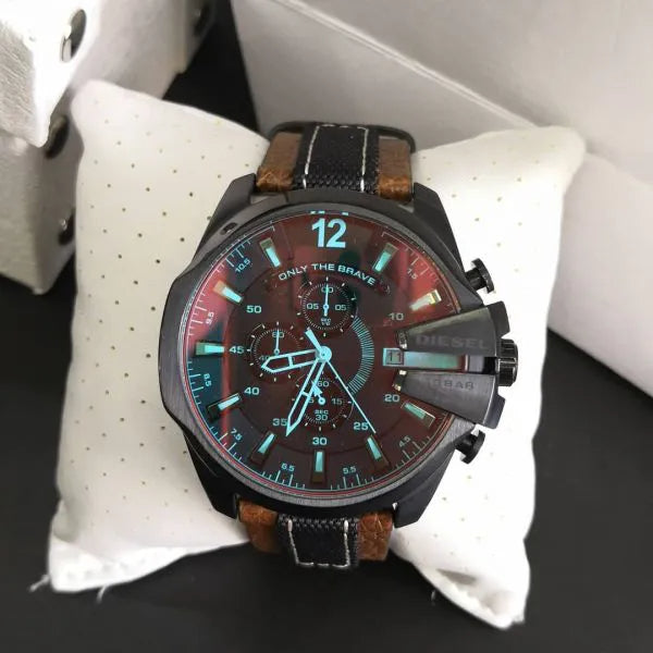 Diesel Mega Chief Quartz Black Dial Two Tone Leather Strap Watch For Men - DZ4305
