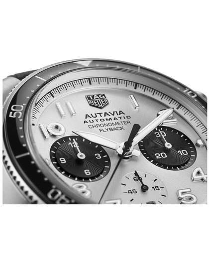 Tag Heuer Autavia Chronometer Flyback Chronograph Silver Dial Black Leather Strap Watch for Men - CBE511B.FC8279