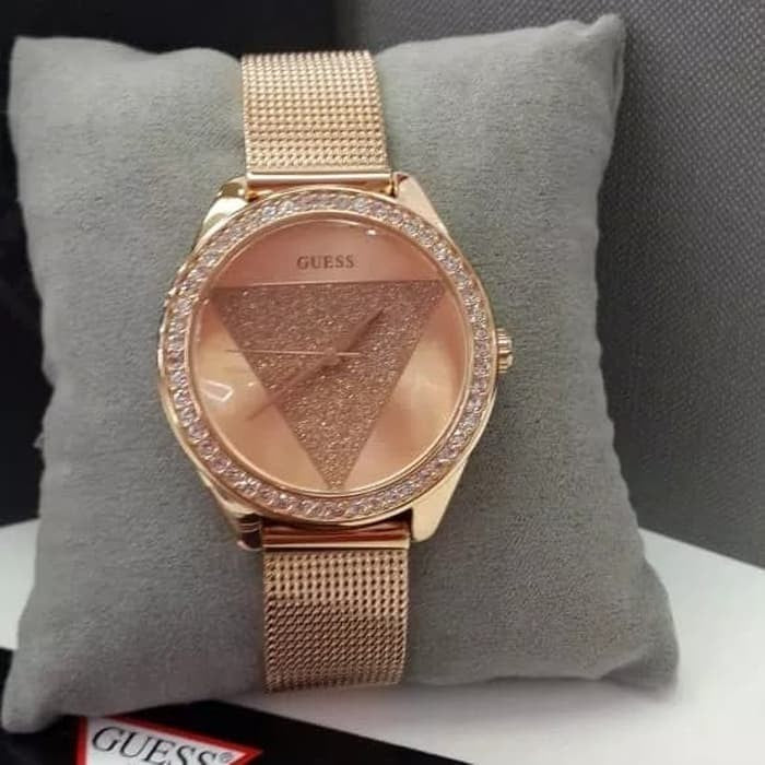 Guess Tri Glitz Quartz Diamonds Rose Gold Dial Rose Gold Mesh Bracelet Watch For Women - W1142L4