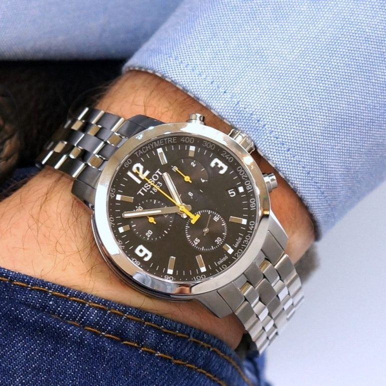 Tissot PRC 200 Chronograph Black Dial Silver Steel Strap Watch For Men - T055.417.11.057.00