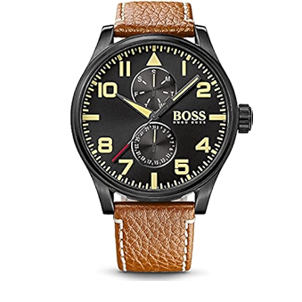 Hugo Boss Aeroliner Maxx Chronograph Black Dial Brown Leather Strap Watch For Men - 1513082