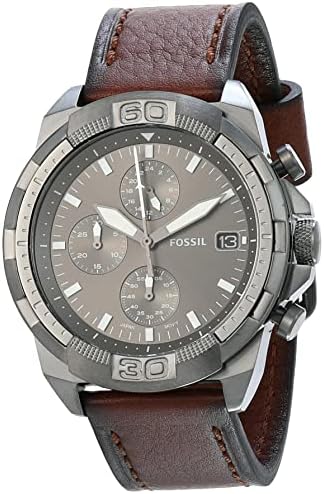 Fossil Bronson Chronograph Grey Dial Brown Leather Strap Watch for Men - FS5855