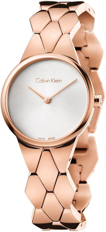 Calvin Klein Snake Silver Dial Rose Gold Steel Strap Watch For Women - K6E23646