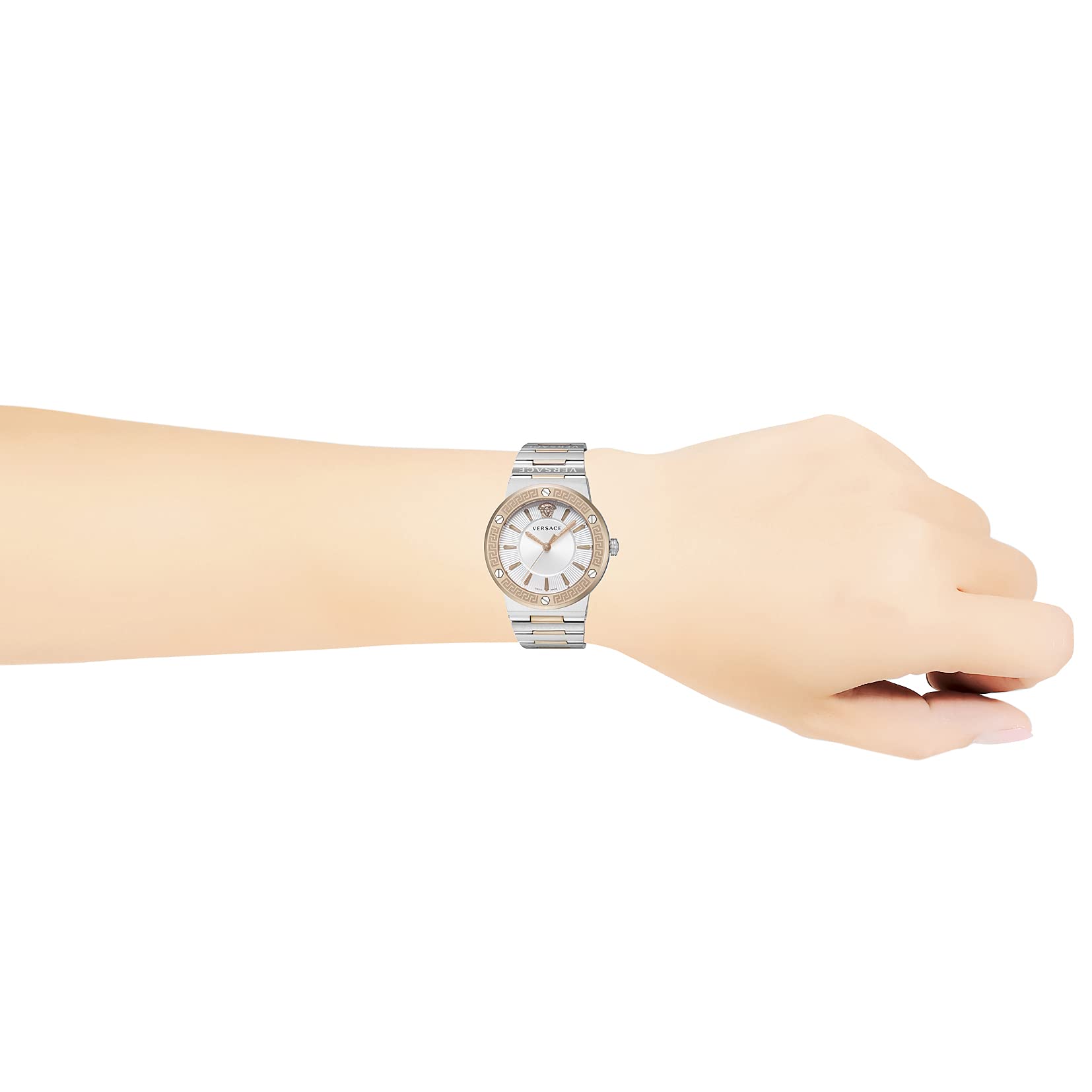 Versace Greca Quartz White Dial Two Tone Steel Strap Watch For Women - VEVH01020