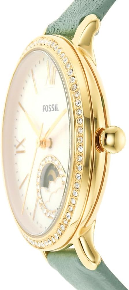Fossil Jacqueline Analog Moonphase Mother of Pearl White Dial Green Leather Strap Watch for Women - ES5168