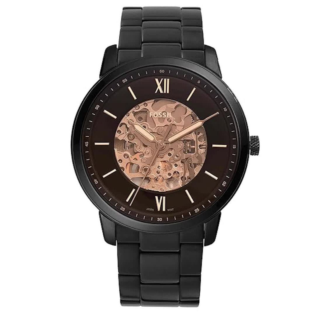 Fossil Neutra Automatic Skeleton Black Dial Black Steel Strap Watch for Men - ME3183
