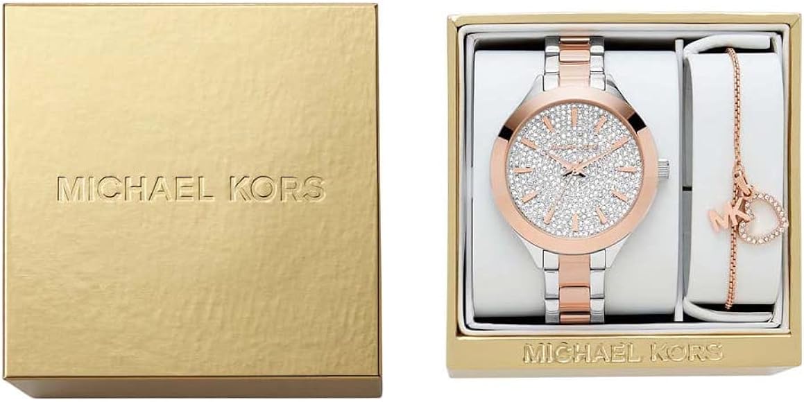 Michael Kors Slim Runway Crystals Silver Dial Two Tone Steel Strap Watch for Women - MK1045
