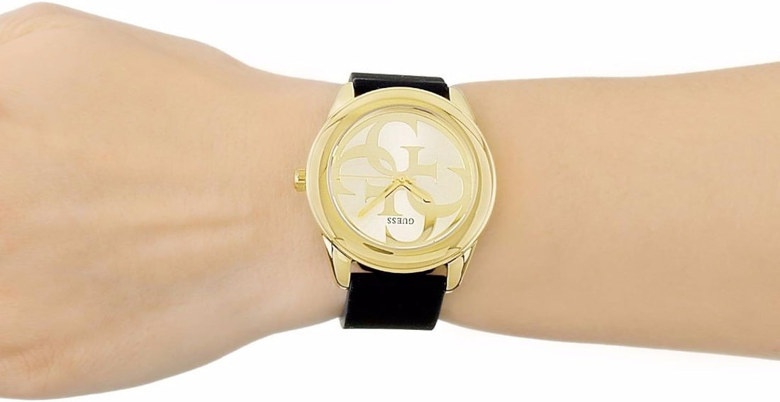 Guess G Twist Gold Dial Black Leather Strap Watch for Women - W0911L3