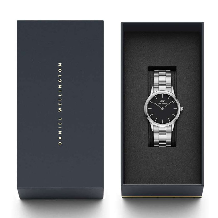 Daniel Wellington Iconic Link Black Dial Silver Steel Strap Watch For Women - DW00100206