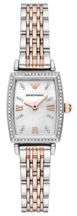 Emporio Armani Gianni T Bar White Mother Of Pearl Dial Two Tone Steel Strap Watch For Women - AR11519