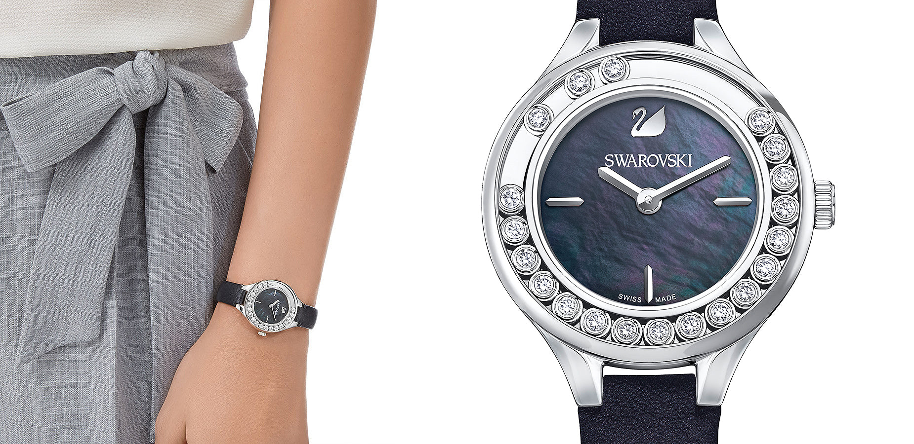 Swarovski Lovely Crystals Mother of Pearl Black Dial Black Leather Strap Watch for Women - 5242898