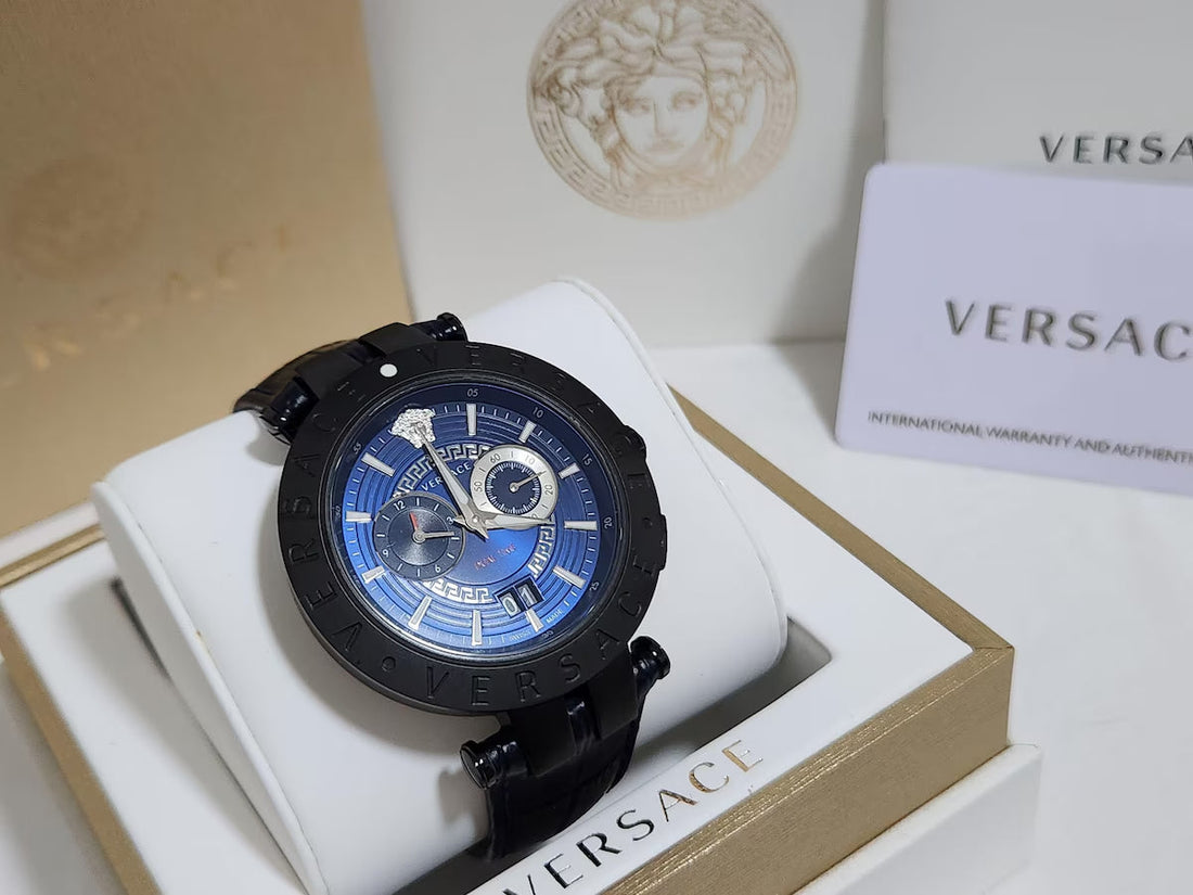 Versace V Race Chronograph Quartz Blue Dial Blue Leather Strap Watch For Men - VEBV00419