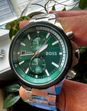 Hugo Boss Globetrotter Green Dial Silver Steel Strap Watch for Men - 1513930