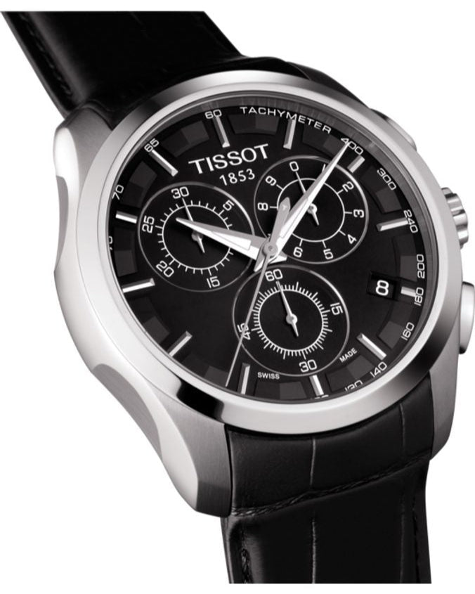 Tissot T Classic Couturier Chronograph Black Dial Black Leather Strap Watch For Men - T035.617.16.051.00