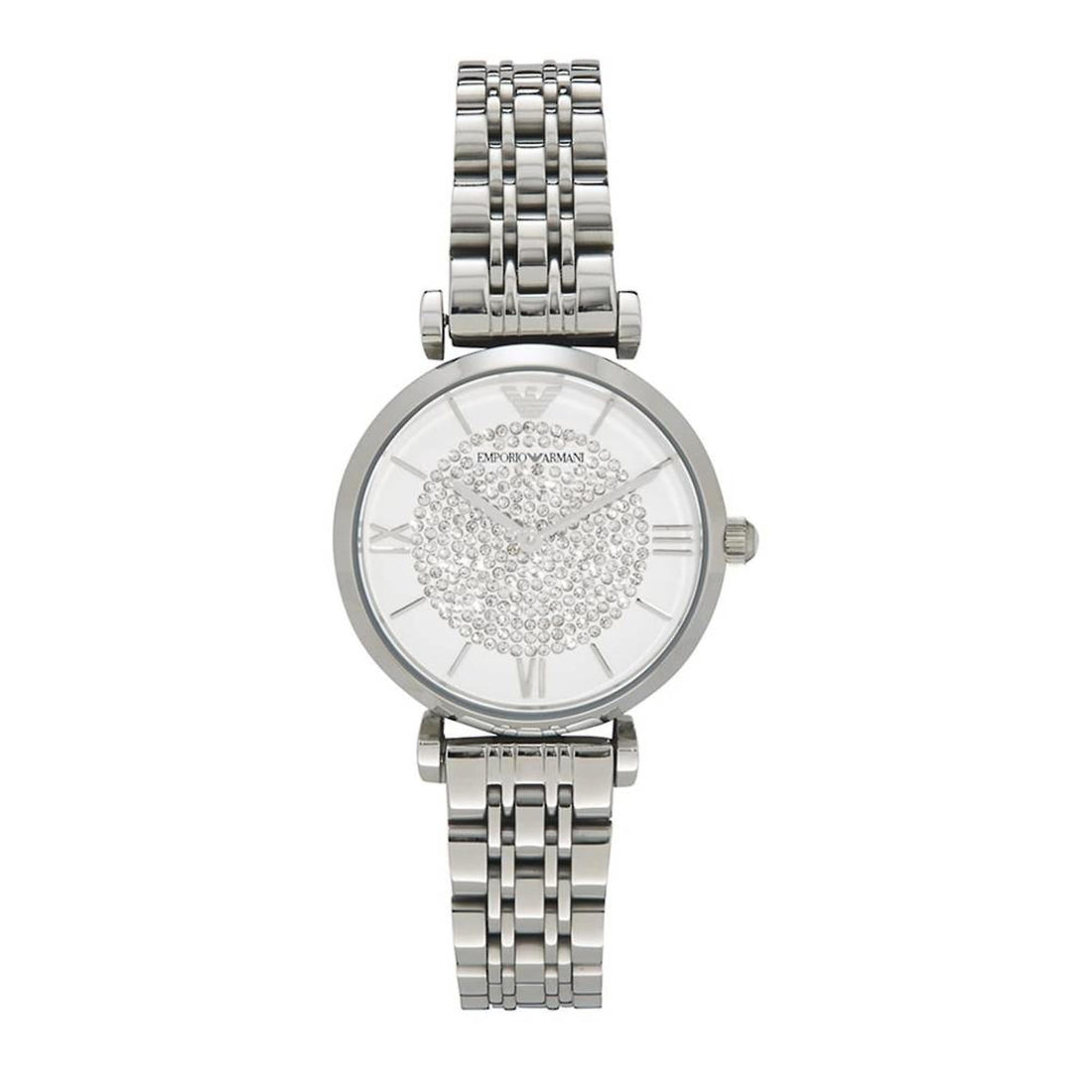Emporio Armani Gianni T Bar White Crystal Pave Dial Silver Stainless Steel Strap Watch For Women - AR1925