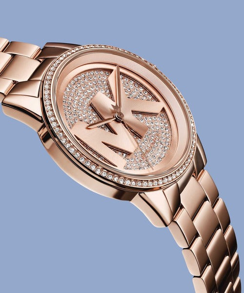 Michael Kors Ritz Analog Crystals Silver Dial Rose Gold Steel Strap Watch for Women - MK6863