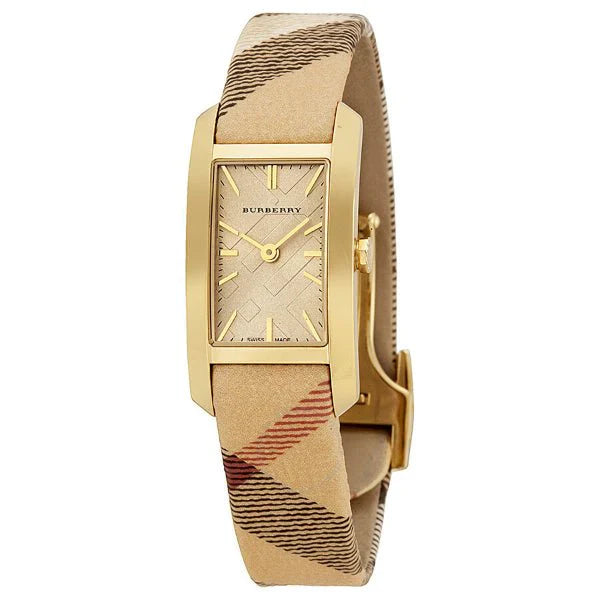 Burberry Pioneer Gold Dial Haymarket Beige Leather Strap Watch for Women - BU9509