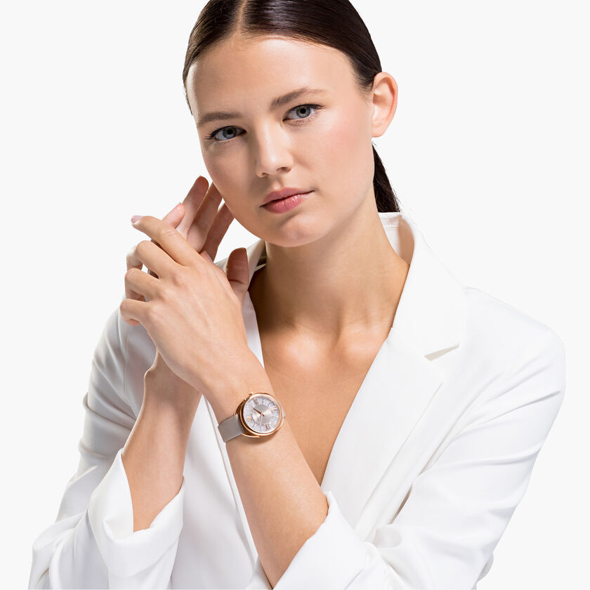 Swarovski Crystalline Glam Silver Dial Grey Leather Strap Watch for Women - 5452455