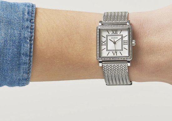 Guess Highline White Dial Silver Mesh Bracelet Watch For Women - W0826L1