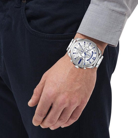 Diesel Mega Chief Chronograph White Dial Silver Steel Strap Watch For Men - DZ4477