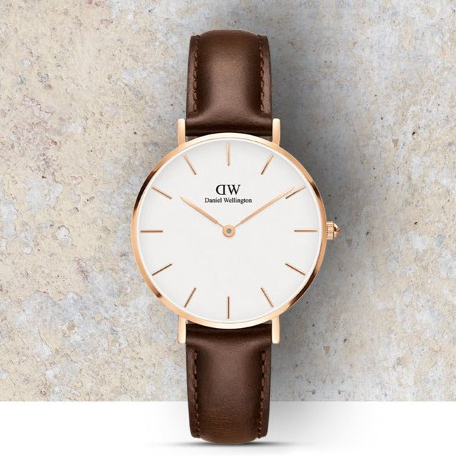 Daniel Wellington Classic Petite Bristol White Dial Brown Leather Strap Watch For Women - DW00100171