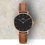 Daniel Wellington Classic Petite Durham Black Dial Brown Leather Strap Watch For Women - DW00100166