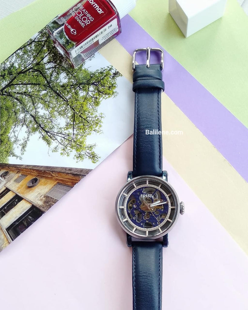 Fossil Boyfriend Skeleton Blue Dial Blue Leather Strap Watch for Women - ME3136