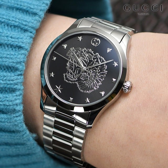 Gucci G Timeless Diamonds Black Dial Silver Steel Strap Watch For Women - YA1264125