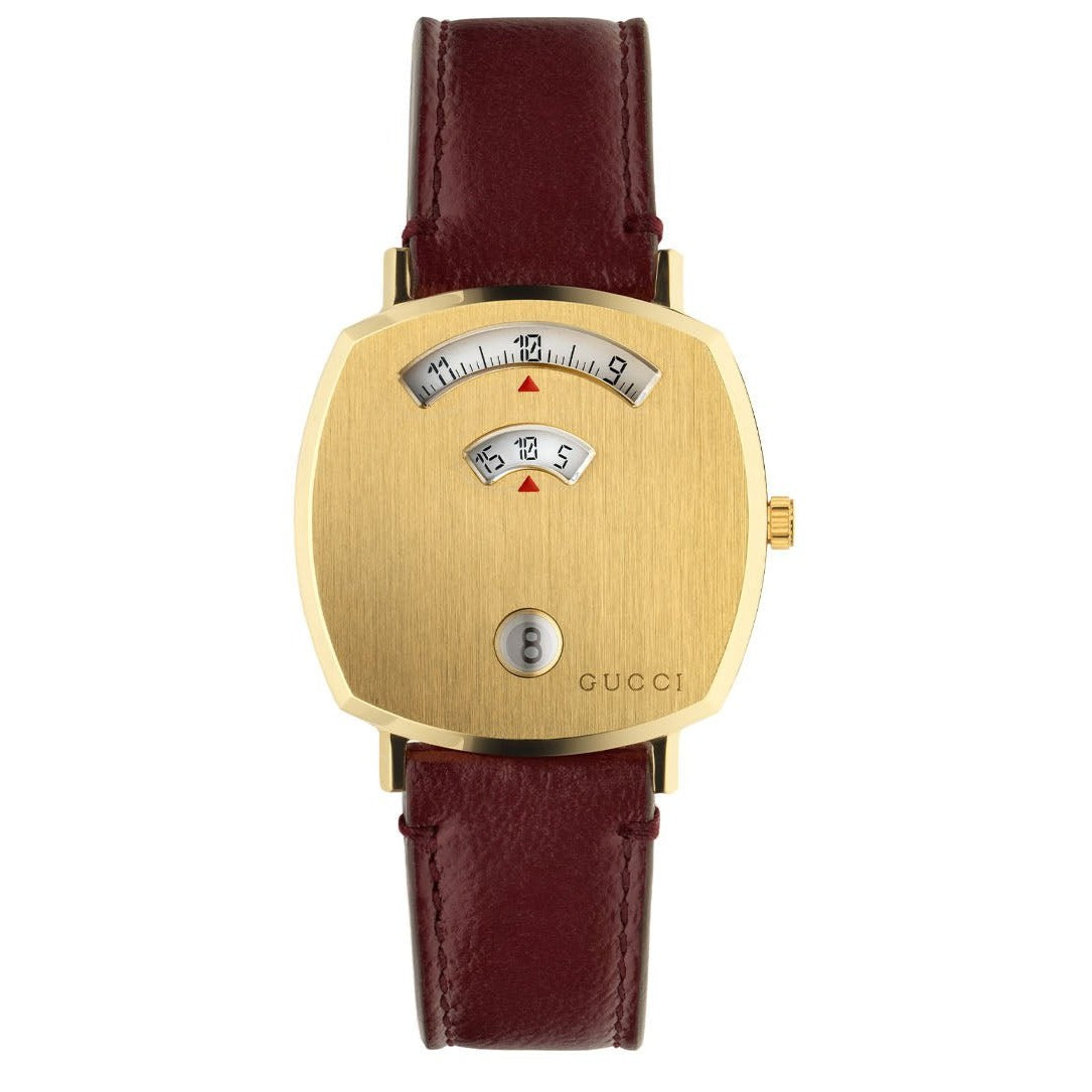 Gucci Grip Quartz Yellow Gold Dial Maroon Leather Strap Watch For Women - YA157405