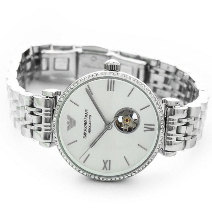 Emporio Armani Gianni T-Bar Automatic Silver Dial Silver Steel Strap Watch For Women - AR60022