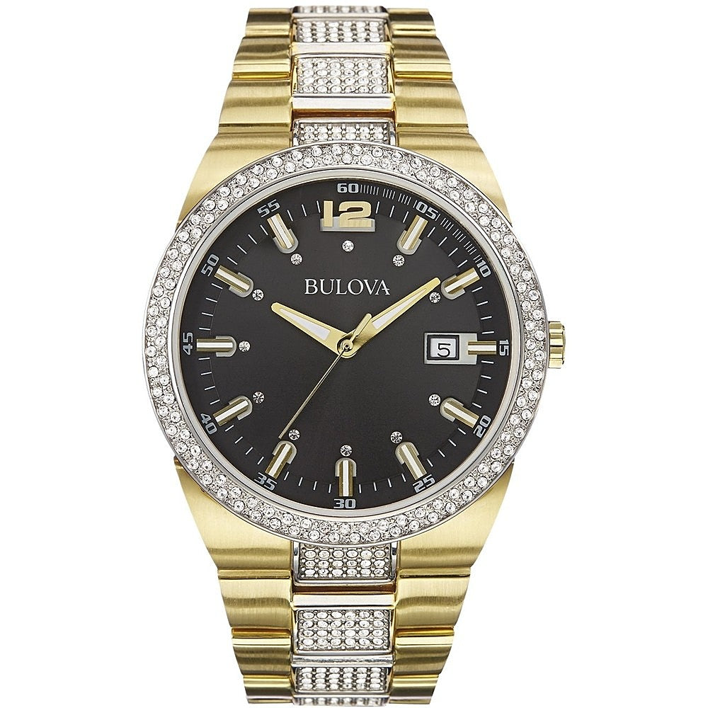 Bulova Crystal Black Dial Two Tone Steel Strap Watch for Men - 98B235