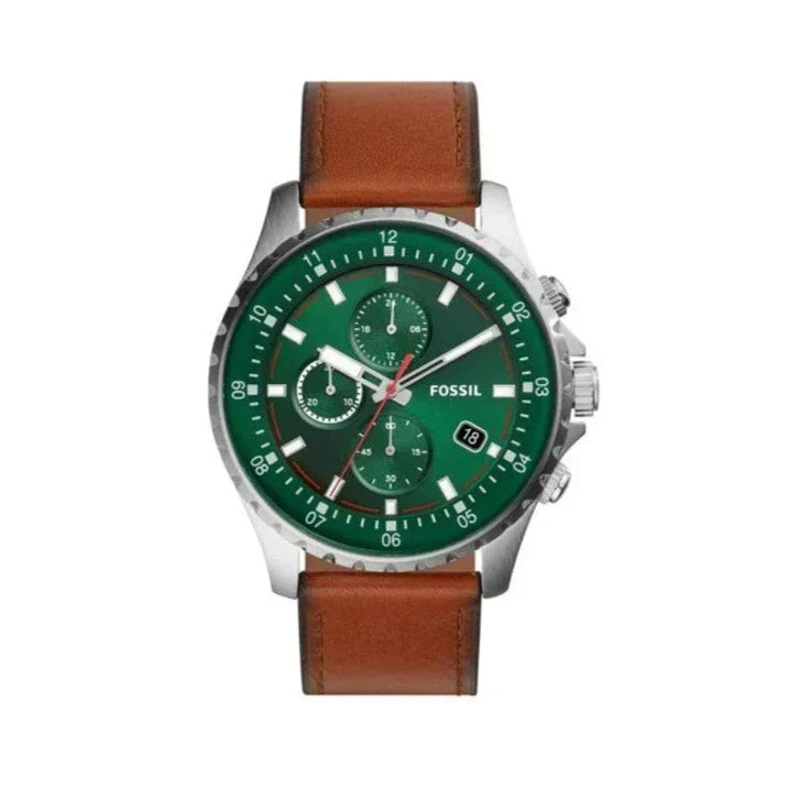 Fossil Dillinger Luggage Chronograph Green Dial Brown Leather Strap Watch for Men - FS5734