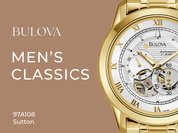 Bulova BVA Skeleton Silver Dial Gold Steel Strap Watch for Men - 97A108
