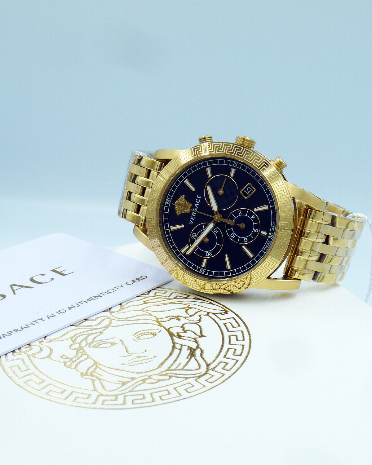 Versace Sport Tech Chronograph Black Dial Gold Steel Strap Watch for Men - VELT00419