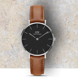 Daniel Wellington Petite Sterling Black Dial Brown Leather Strap Watch For Women - DW00100178