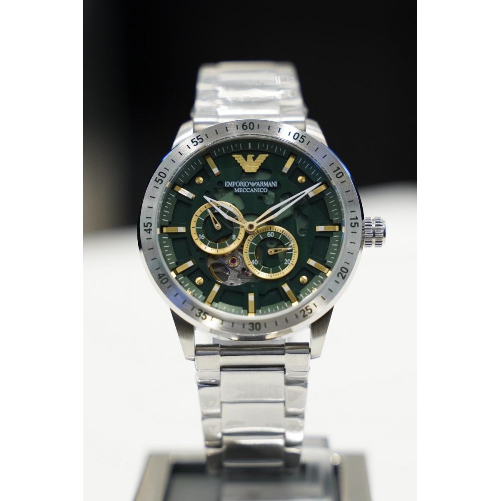 Emporio Armani Meccanico Chronograph Automatic Green Dial Silver Steel Strap Watch For Men - AR60053