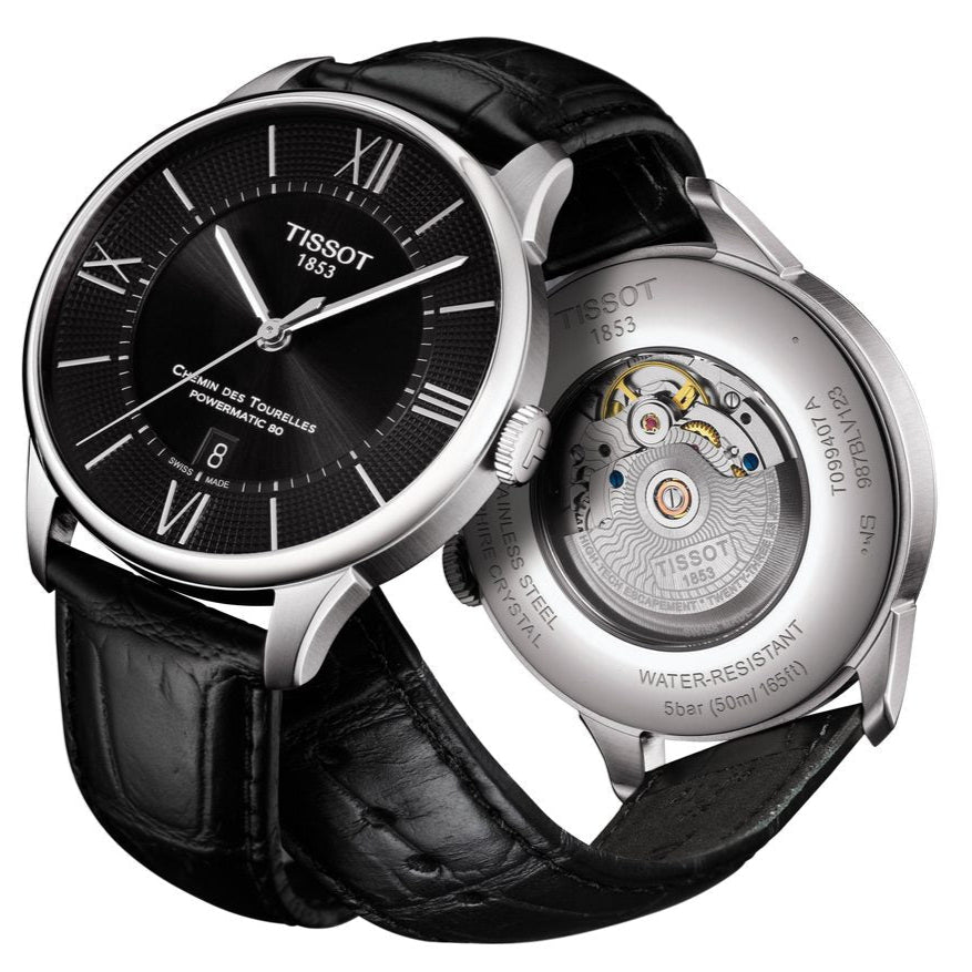 Tissot Chemin Des Tourelles Powermatic 80 Black Dial Black Leather Strap Watch For Men - T099.407.16.058.00