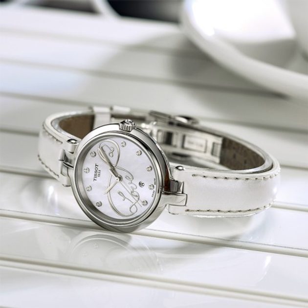 Tissot T Trend Flamingo Valentines Mother of Pearl White Dial White Leather Strap Watch For Women - T094.210.16.111.01
