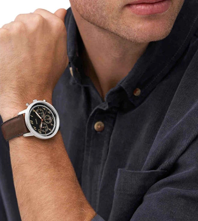 Fossil Neutra Chronograph Black Dial Brown Leather Strap Watch for Men - FS6024