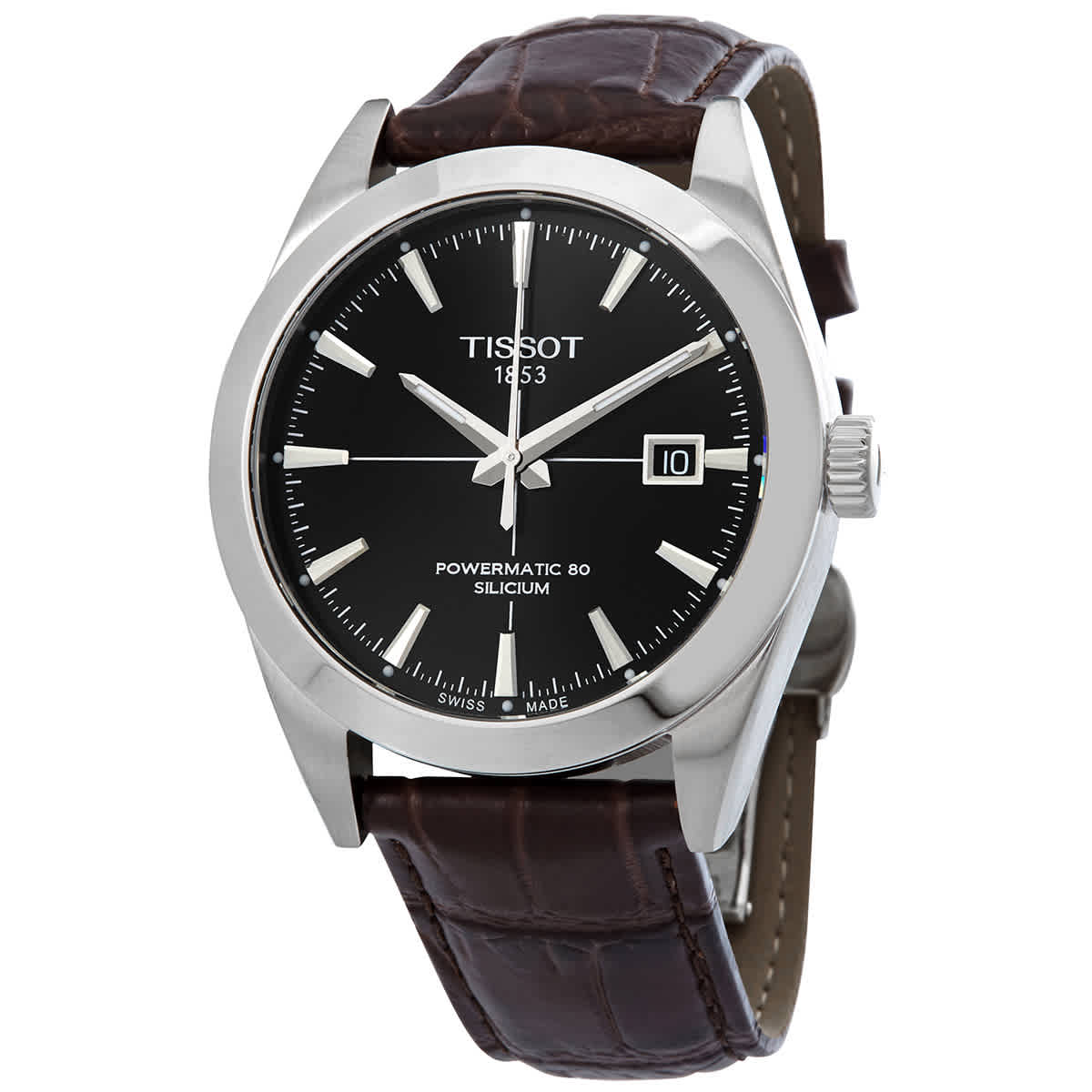 Tissot Gentleman Powermatic 80 Silicium Black Dial Brown Leather Strap Watch For Men - T127.407.16.051.01
