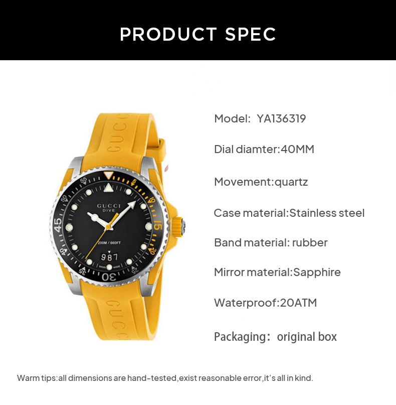Gucci Dive Black Dial Yellow Rubber Strap Watch For Men - YA136319