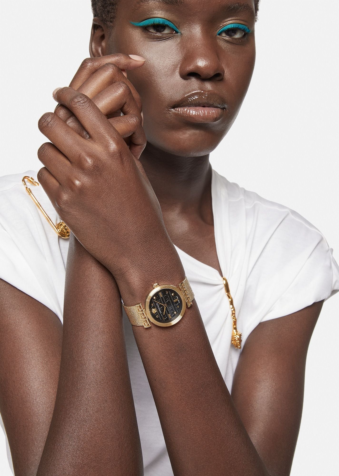 Versace Meander Black Dial Gold Mesh Bracelet Watch for Women - VELW00720