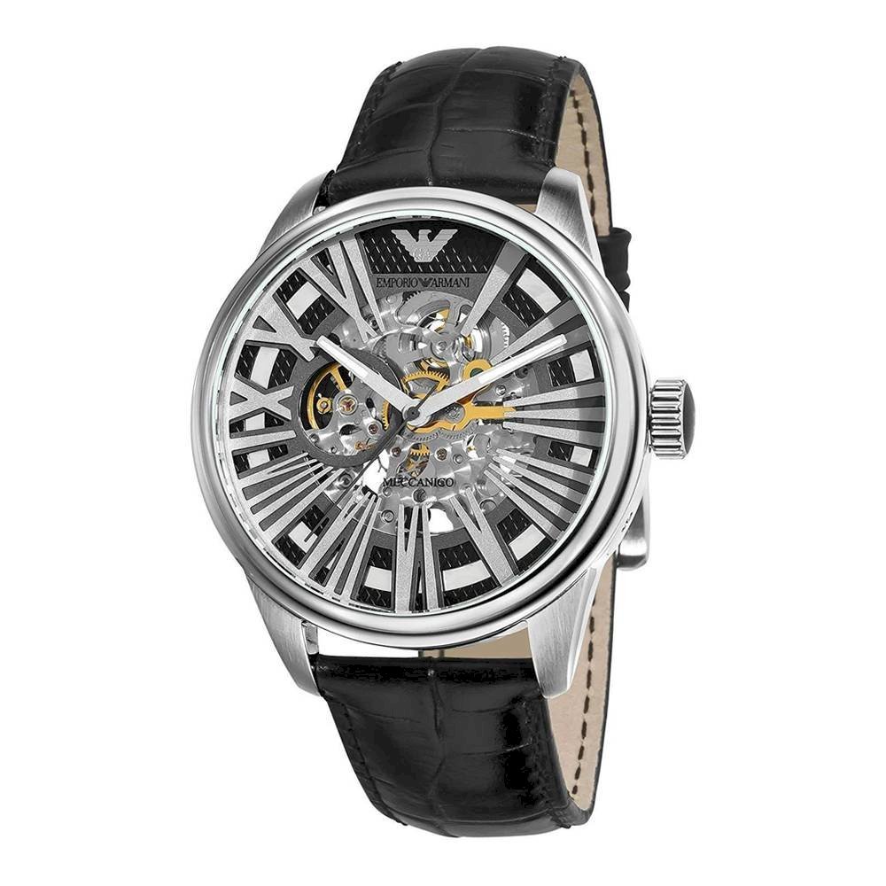 Emporio Armani Meccanico Automatic Black Dial Leather Strap Watch For Men - AR4629