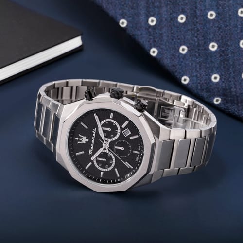 Maserati Stile Skeleton Automatic Black Dial Silver Steel Strap Watch For Men - R8823142002