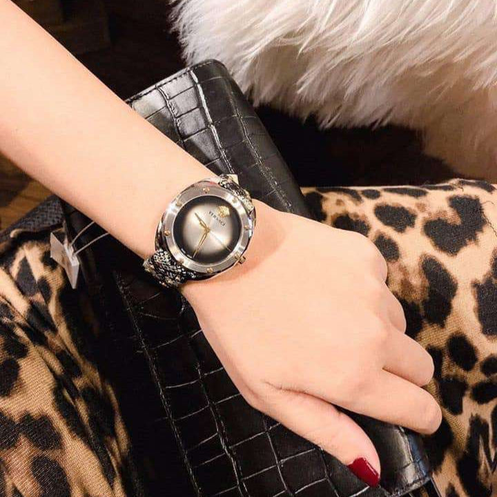 Versace Shadov Quartz Silver Dial Snakeskin Green Leather Strap Watch for Women - VEBM00718