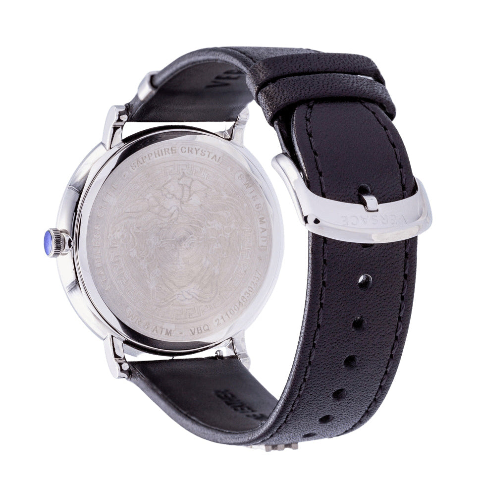 Versace V-Circle Black Manifesto Courage Quartz Silver Dial Black Leather Strap Watch for Men - VBQ080017